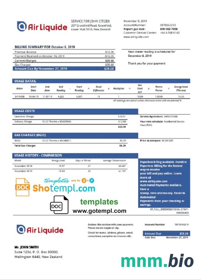 Nowa Zelandia Air Liquide Gaz rachunek za media szablon w formacie Word i PDF